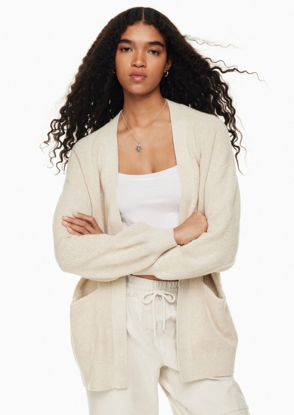 Wilfred Aritzia Unwind Cardigan White Cream Knit Sweater Birch Merino Wool Small
